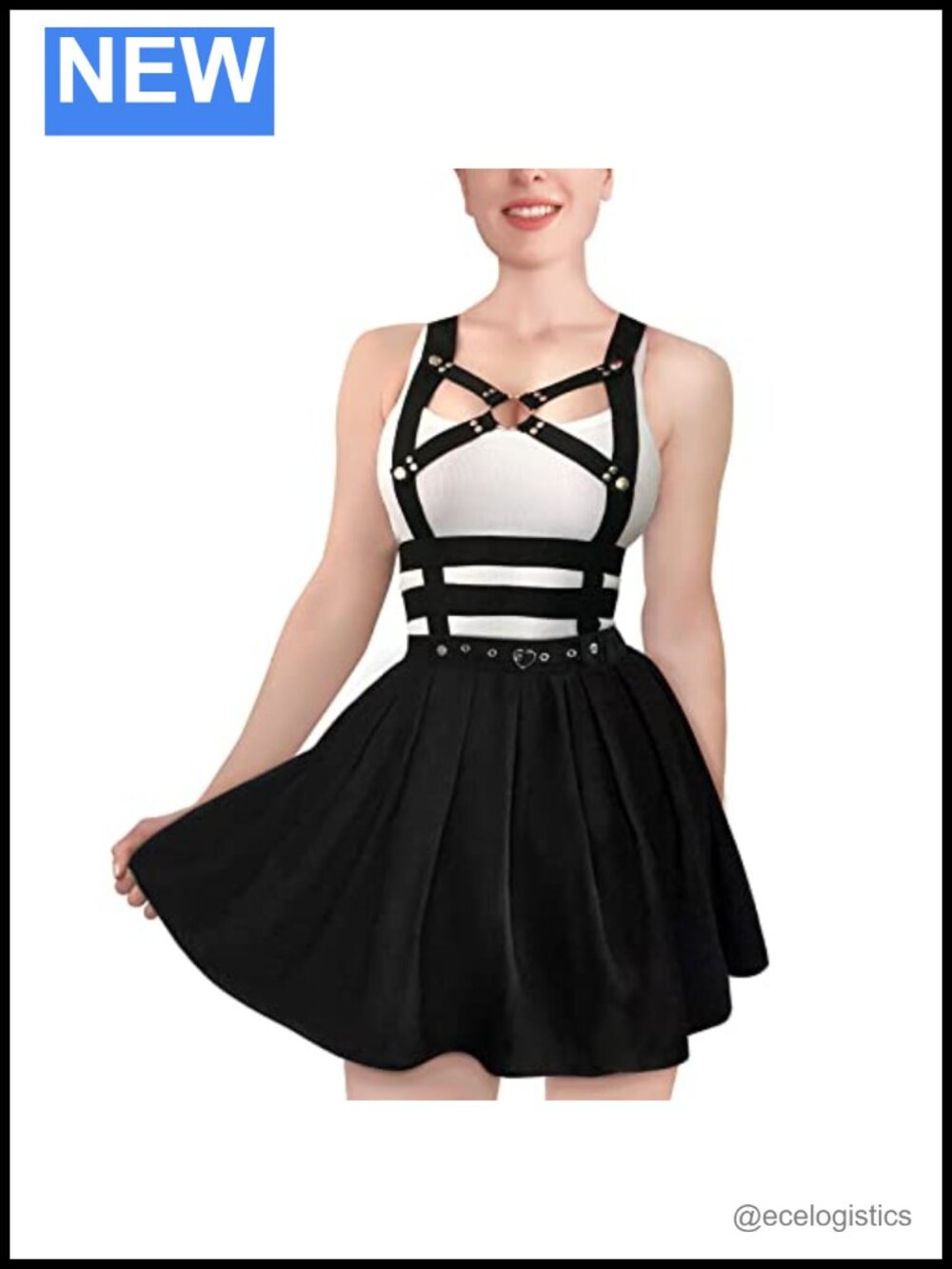 Pleated Mini Skirt Romper Detachable Strap Goth Harness Skirt